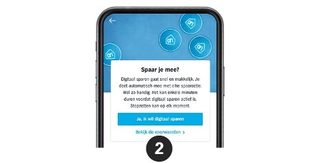 Digitale spaarkaart promotie op een smartphone met de tekst 'Spaar je mee?' en opties om digitaal te sparen.