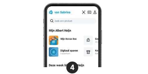 Smartphone scherm met de Mijn Albert Heijn app geopend op de 'Mijn Bonus Box' en 'Digitaal sparen' secties.