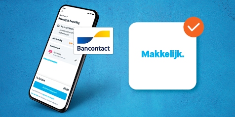 Online betaling met Bancontact weergegeven op een smartphone, met daarop de tekst "Makkelijk" en een vinkje.