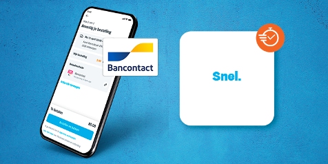 Afbeelding van een mobiele telefoon met een Bancontact betaaloptie en de tekst 'Snel.' op een blauwe achtergrond.