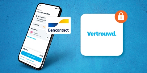 Afbeelding van een smartphone met een Bancontact-logo en de tekst "Vertrouwd."