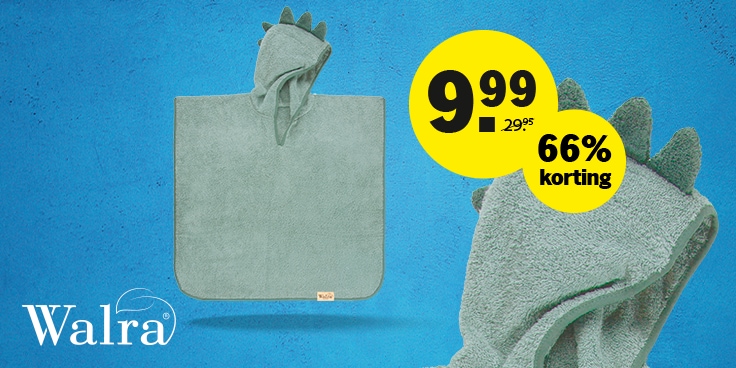 Kinderponcho van Walra met dinosaurusmotief, verkrijgbaar voor €9,99 na 66% korting.