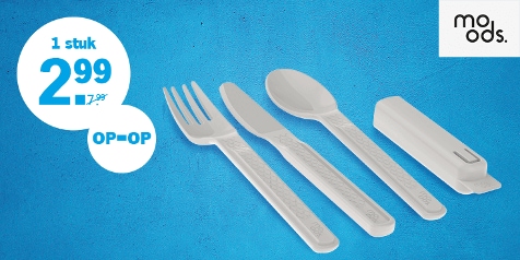Promotie voor mood's bestekset, 1 stuk voor €2,99 terwijl de voorraad strekt.