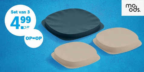 Set van 3 Moods deksel voor €4,99 tegen een blauwe achtergrond, met "OP=OP" indicatie.