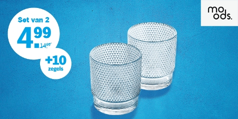 Set van 2 moods glazen voor €4.99, inclusief plus 10 zegels promotie aanbieding.