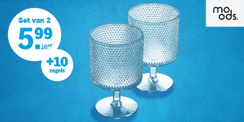 Aanbieding van set van 2 glazen voor €5,99 met 10 zegels van Moods.