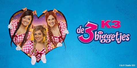 Promotieafbeelding van "K3 de 3 biggetjes" met drie vrouwen in roze geruite pakken en vlechten.