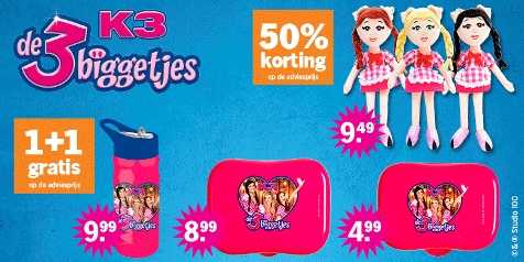 K3 de 3 biggetjes promotie met lunchboxen, drinkbeker en poppen, inclusief 1+1 gratis en 50% korting aanbiedingen.
