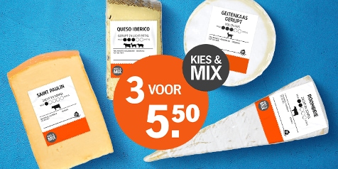 Kies & Mix kaasaanbieding bij Albert Heijn: 3 Stuks voor €5,50, inclusief Saint Paulin, Queso Iberico, geitenkaas gerijpt en roombier.