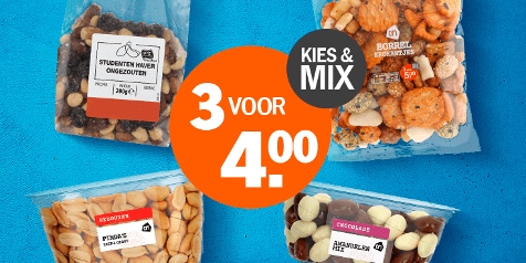 Promotie op snacks van Albert Heijn: 3 voor €4, met keuze uit studenten haver, borrelkrokanjes, pinda's en amandelen mix.