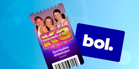 Entreeticket voor het K3 Originals: de reünie concert in Sportpaleis Antwerpen naast een bol.com cadeaukaart op een blauwe achtergrond