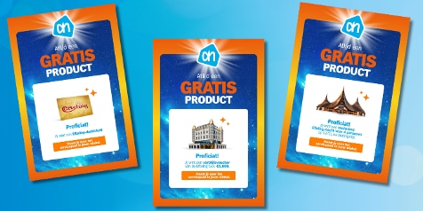 Blauwe achtergrond met daarop oranje met blauwe kraskaarten afgebeeld die Efteling-prijzen bevatten.
