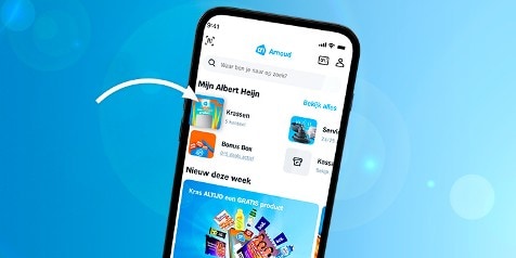 Smartphone met de Albert Heijn app geopend op het hoofdscherm, met een pijl die wijst naar de 'Krassen' functie