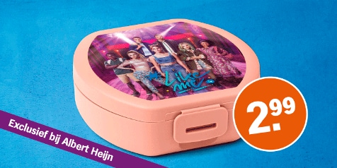 Lunchtrommel met afbeelding van de serie "Like Me", exclusief verkrijgbaar bij Albert Heijn voor 2,99 euro.