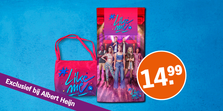 Promotionele afbeelding van #LikeMe merchandise, exclusief verkrijgbaar bij Albert Heijn voor 14,99 euro.