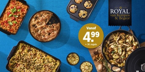 Diverse ovengerechten gepresenteerd op een blauwe achtergrond met een aanbieding van Royal van Kempen & Begeer vanaf 4,99 euro en 30 zegels.