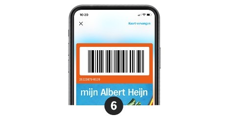 Barcode weergegeven op een smartphone voor de app 'mijn Albert Heijn'.