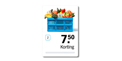 Blauwe krat vol verse groenten en fruit met een korting van 7,50 euro bij aankoop van twee kratten.