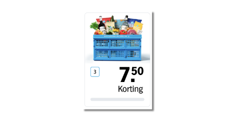 Blauwe krat gevuld met diverse boodschappen, waaronder groente, drank en snacks, met een korting van 7,50 euro.