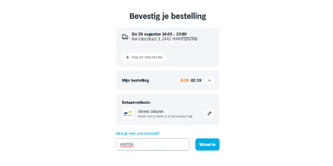 Afrekenpagina van Albert Heijn met informatie over leveringsadres, bezorgdatum en -tijd, besteloverzicht, betaalmethode en een veld om een actiecode in te vullen.