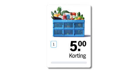 Blauwe krat gevuld met diverse verse boodschappen en een korting van 5 euro