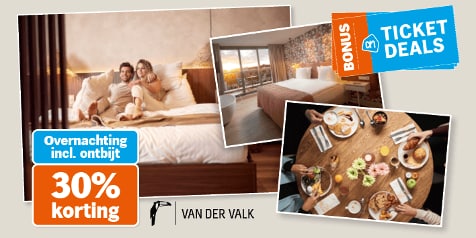 drie foto`s van het Van der valk hotel met en kortingsknop en het ticketdeals logo