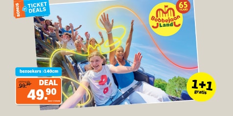 Afbeelding van een pretparkactie bij Albert Heijn met een kortingsdeal voor Bobbejaanland: bezoekers groter dan 1,40 meter, dealprijs €49,90 met 1+1 gratis ticket. Op de voorgrond genieten mensen van een achtbaanrit.