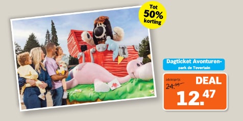 Gezin met kinderen bij een vrolijke attractie in Avonturenpark de Tovertuin, met een grote cartoonhond en een roze eenhoorn. Links bovenin staat een gele cirkel met “Tot 50% korting”. Rechts staat een deal voor een dagticket Avonturenpark de Tovertuin voor €12,47.