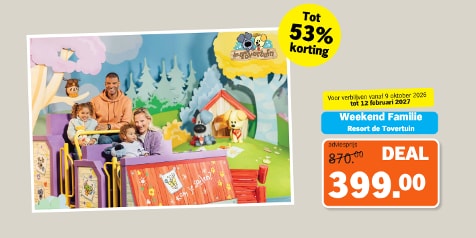 Gezinsfoto tijdens een activiteit in Resort de Tovertuin, met een kleurrijke achtergrond van het kinderpark, inclusief promotie voor een weekend familieverblijf met tot 53% korting en een actietarief van 399 euro.