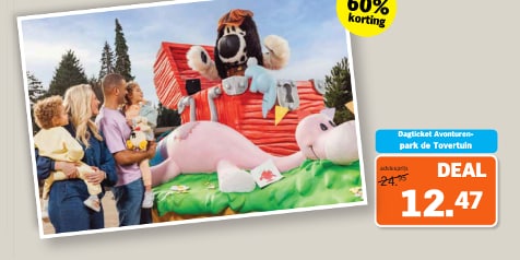 Foto van een gezin bij een kleurrijke attractie met grote cartoonfiguren in Avonturenpark de Tovertuin, met promotie voor dagtickets met tot 60% korting en een dealprijs van €12,47.