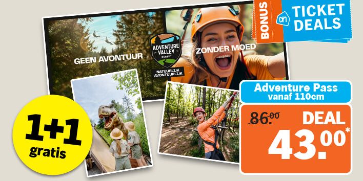 AH Ticket Deals: Adventure Valley aanbieding met Adventure Pass vanaf 110 cm voor een speciale prijs van €43,00. Inclusief 1+1 gratis actie en beelden van avontuurlijke activiteiten in een bosrijke omgeving.