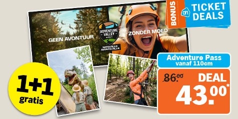 AH Ticket Deals: Adventure Valley aanbieding met Adventure Pass vanaf 110 cm voor een speciale prijs van €43,00. Inclusief 1+1 gratis actie en beelden van avontuurlijke activiteiten in een bosrijke omgeving.