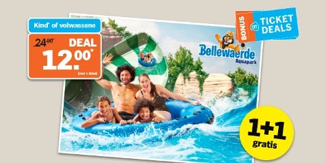 Groepsfoto van mensen in een waterattractie bij Bellewaerde Aquapark, met een promotiekaart voor korting op toegangskaartjes en 1+1 gratis deal voor kinderen en volwassenen.