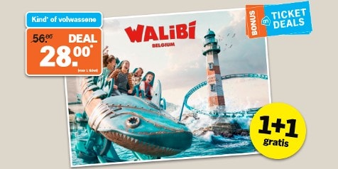Promotie voor Walibi Belgium toegangskaartjes, met een afbeelding van mensen in een attractie en een vuurtoren op de achtergrond. Tekst met korting voor kind of volwassene: €28 (in plaats van €56), inclusief een 1+1 gratis deal en Bonus Ticket Deals van Albert Heijn.