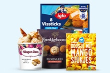 Vier diepvriesproducten: Iglo vissticks, AH doosje met mango stukjes, Häagen-Dazs ijs en Van Dobben rundvlees bitterballen.