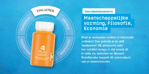 Flesje AH Yellow Ginger met blauwe achtergrond en informatieve tekst over voorbeeldexamens Maatschappelijke vorming, Filosofie en Economie, inclusief uitleg over analyseren en omega-3 als BrainBooster.
