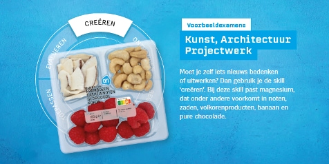Plastic verpakking met frambozen, cashewnoten en gedroogde kokos op een blauwe achtergrond met tekst over creativiteit en voorbeeldexamens voor Kunst, Architectuur en Projectwerk.
