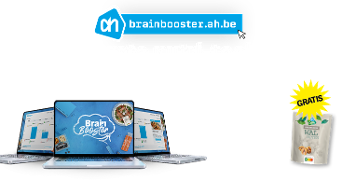 Drie laptops met het Brainbooster-logo en allerlei voedingsinformatie op het scherm, plus een gratis verpakking Walnoten, ter promotie van het platform brainbooster.ah.be van Albert Heijn.