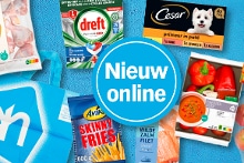 Promotie van nieuwe producten online bij Albert Heijn, inclusief merken als Dreft, Cesar en Aviko.
