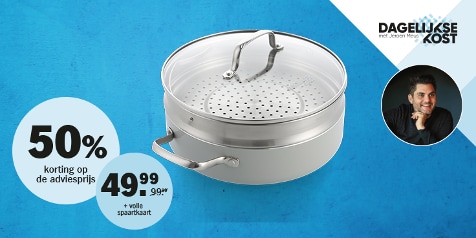 Dagelijkse kost promotie voor een stoompan met 50% korting op de adviesprijs, te koop voor €49,99 met een volle spaarkaart.