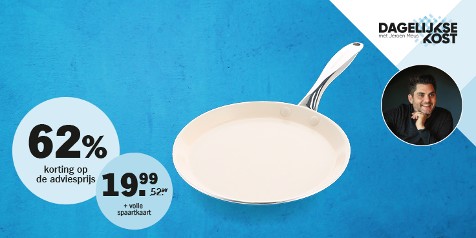 Promotie van een koekenpan met 62% korting op de adviesprijs, voor €19,99 met volle spaarkaart.