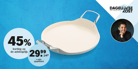 Promotie voor een keramische pan met 45% korting op de adviesprijs, nu verkrijgbaar voor €29,99 met een volle spaarkaart.