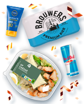 Combinatie van Brouwers Premium Bier, Red Bull, Caesar salade en zonnebrandcrème.