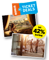Bonus Ticket Deals promotie met foto's van vakantie-ervaringen en een label met tot 42% korting