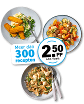 Drie borden met verschillende avondmaaltijden en een sticker met de tekst 'Meer dan 300 recepten, 2.50 pp o.b.v. 4 pers.'