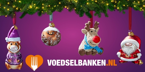 Kersthangers van een hamster, oliebol en kerstman. Logo van de voedselbank