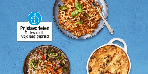 Prijsfavorieten gerechten: macaroni met tomatensaus, rijst met kip en groente, en een ovenschotel met champignons.