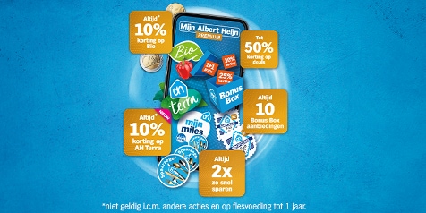 Promotieafbeelding met Albert Heijn Premium-voordelen zoals 10% korting op Bio en AH Terra, tot 50% korting op deals, en 2x zo snel sparen.