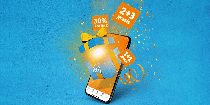 Albert Heijn promotie met geschenken op een smartphone en aanbiedingen zoals 2+3 gratis, 1+1 gratis en 30% korting.