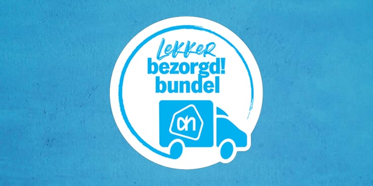 Logo van Albert Heijn met tekst 'Lekker bezorgd! bundel' en bezorgwagen op blauwe achtergrond
